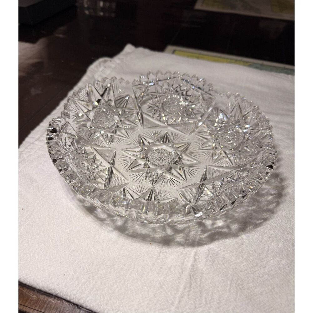 Vintage Heavy Clear Cut Glass Serving Bowl | Hobstar Starburst | Sawtooth Rim 9"